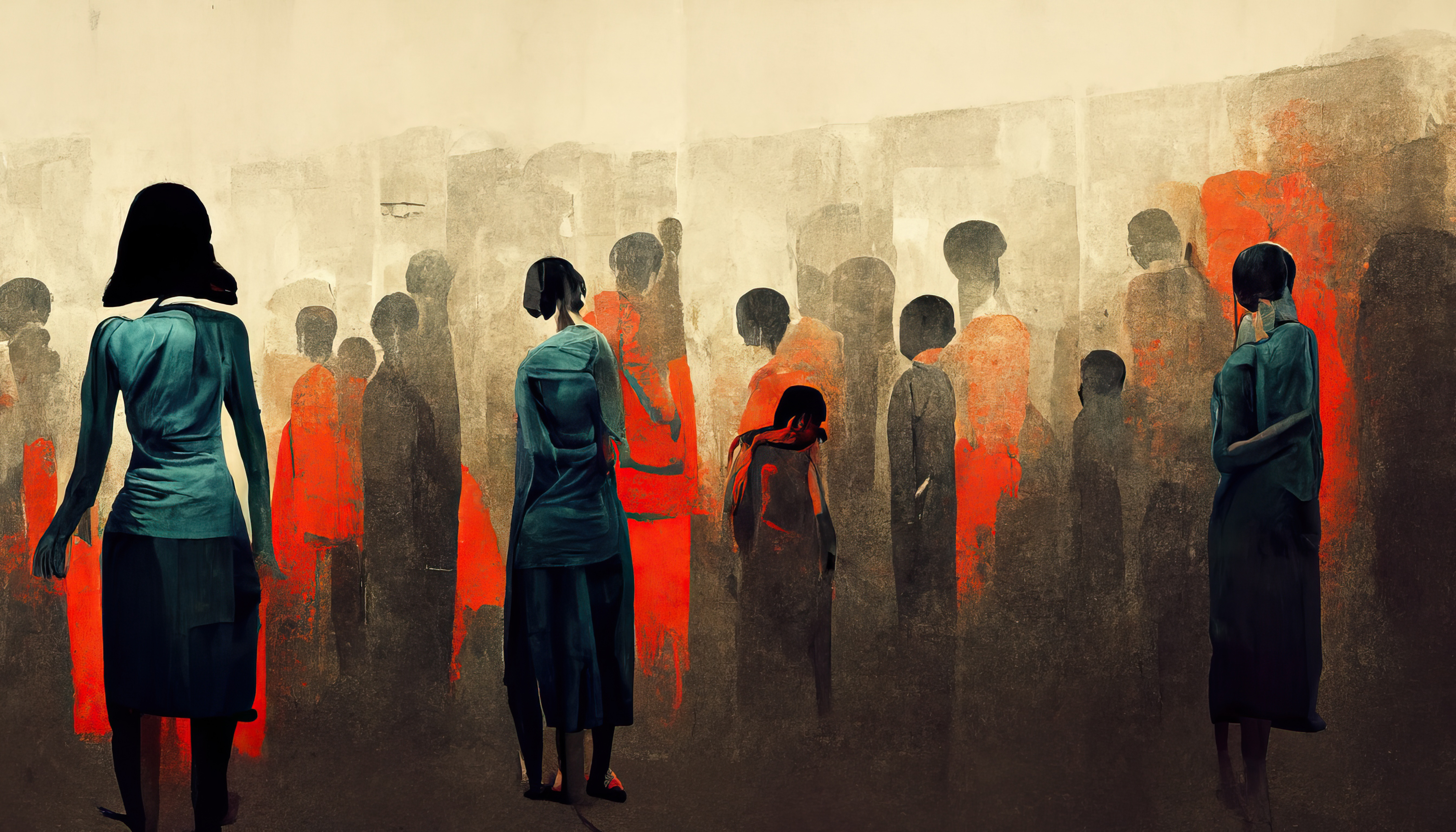 Moody illustration of faceless human figures standing in a group.