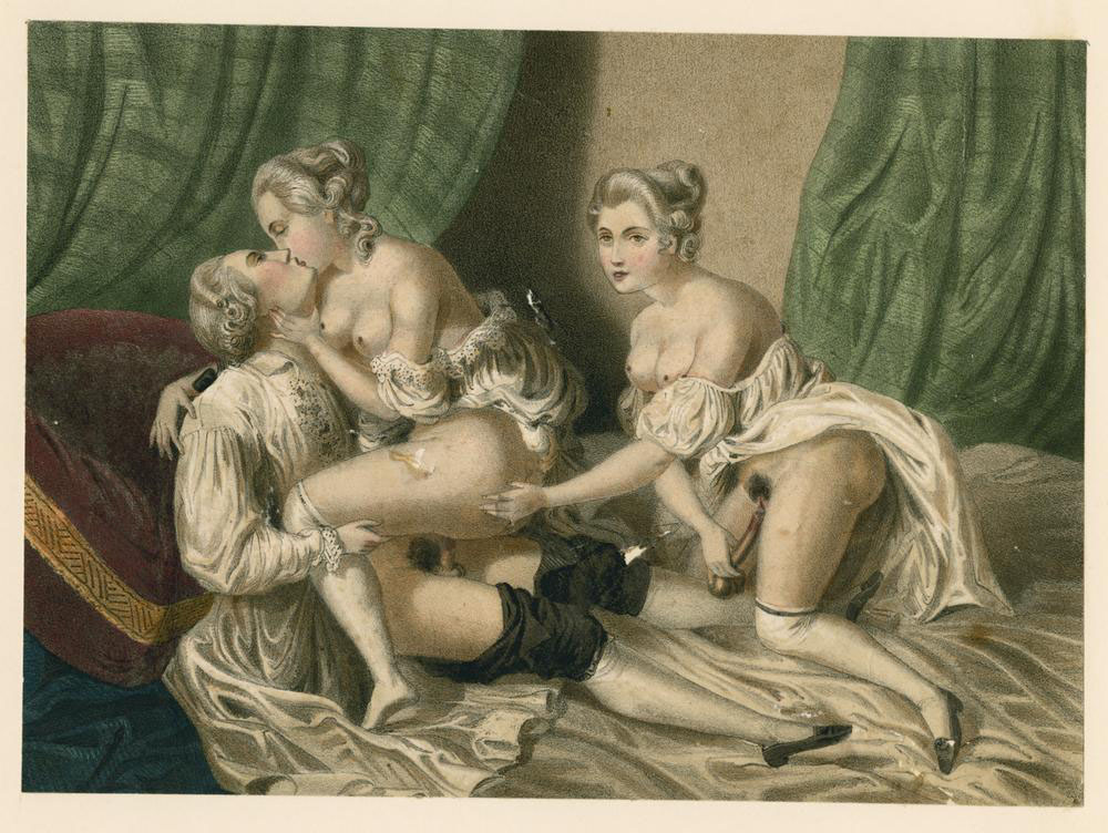 Two women and one man engaged in sexual activity, 19th century. 